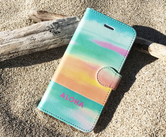 【カメラホール付】iPhone/Android 名入れ♪PINK SUNSET ピンクサンセット★手帳型スマホケース