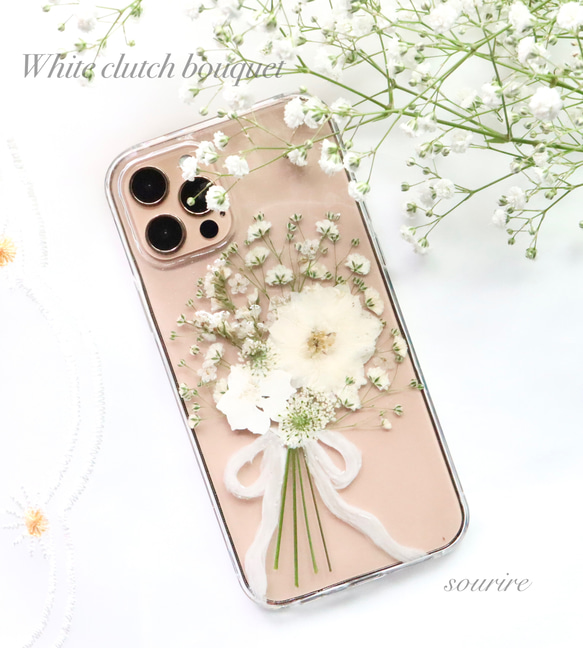 Whiteclutchbouquet 押し花スマホケース iPhone14Android カスミソウ Xperia全機種