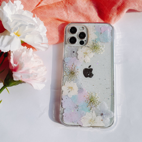 水の色紫陽花 押し花 iPhone15/13  スマホケース Xperia10 III/HUAWEI Mate60pro