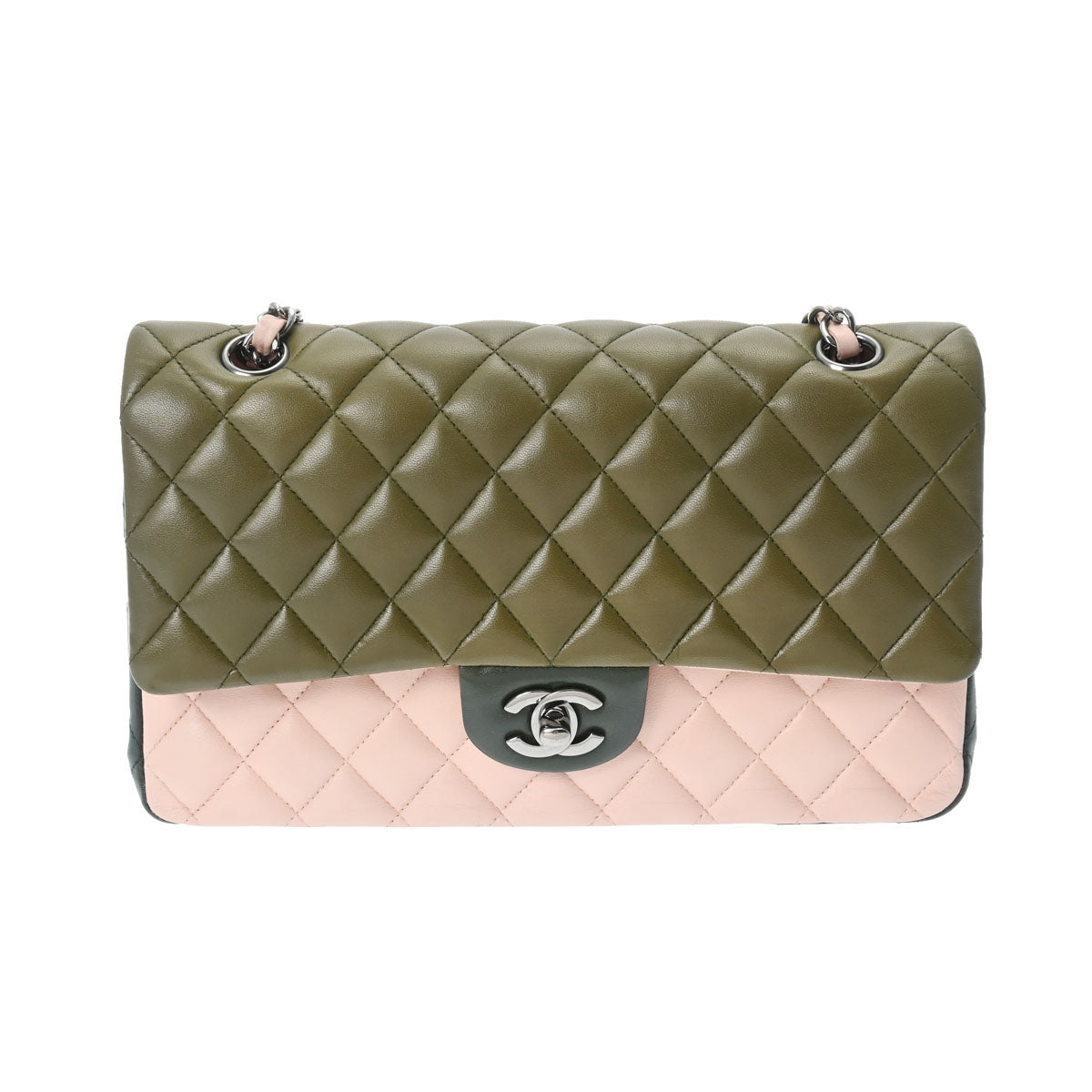 CHANEL シャネル マトラッセ チェーンショルダー 25cm カーキ系/ピンク/深緑 シルバー金具 A01112 レディース ラムスキン ショルダーバッグ Bランク 中古 