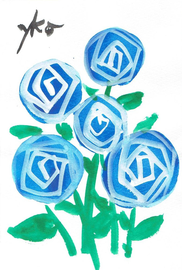 青薔薇五輪　　水彩画原画