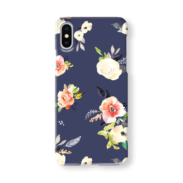 花柄＊Navy(005)   スマホケース iPhone12 iPhoneXR 8Plus Xperia 多機種対応