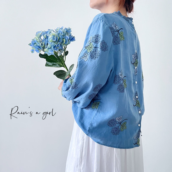 【数量限定♡紫陽花刺繍】リネンコン＊アンティーク風花柄刺繍大きなバルーンスリーブブラウス*T-145