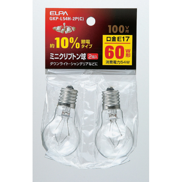 エルパ ミニクリプトン球 E17口金 60W形(54W) 2個入り クリア GKP-L54H-2PC