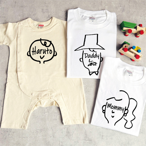 【名前可】3枚親子セット 顔ネームTシャツ・ロンパース