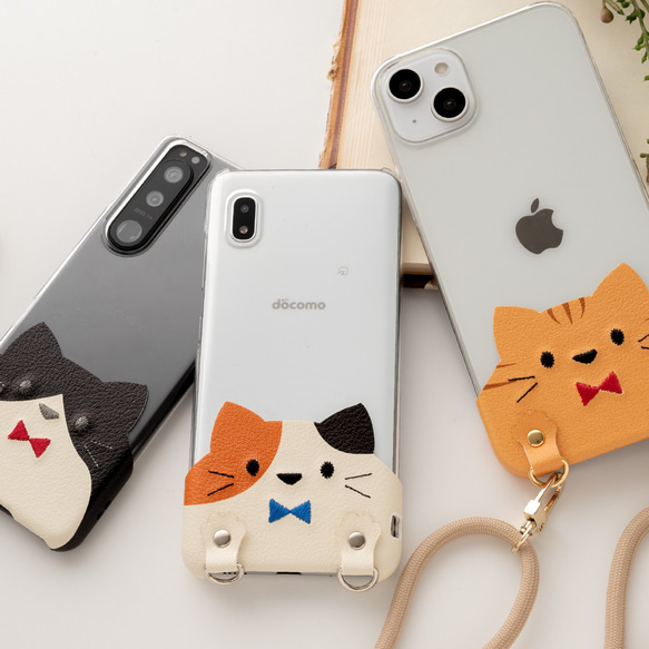 旅のお供に！ 全機種対応 スマホケース ちょいまる 【 刺繍 リボン 猫 02 】 スマホショルダー クリア A216I