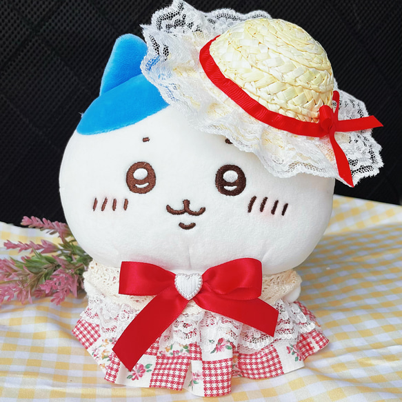 ぬい服 20cm ちいかわ 着せ替え ロリータ ワンピース 麦わら帽子2点セット 可愛い ハチワレ 赤 ロリィタ 夏