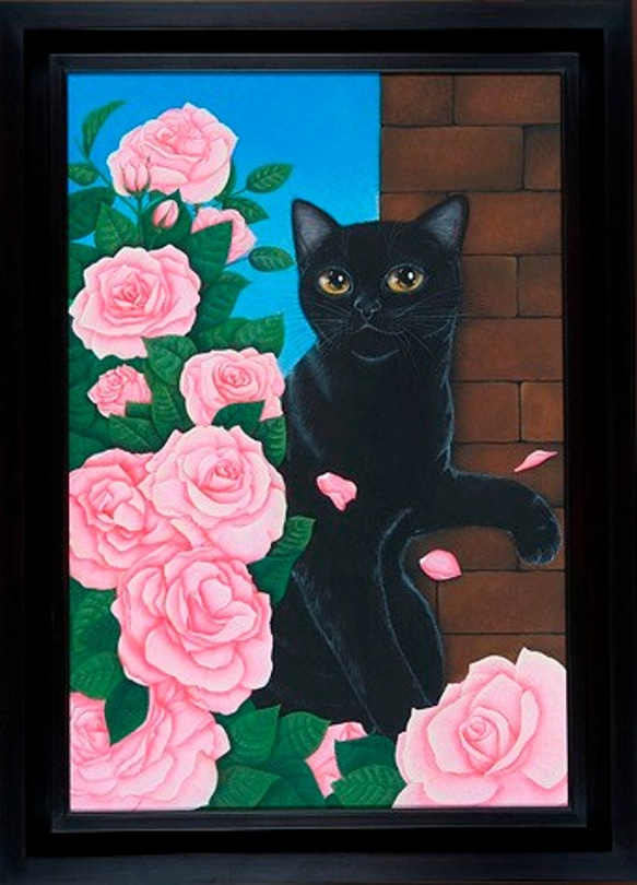 【原画】薔薇園の黒猫／油彩額入り