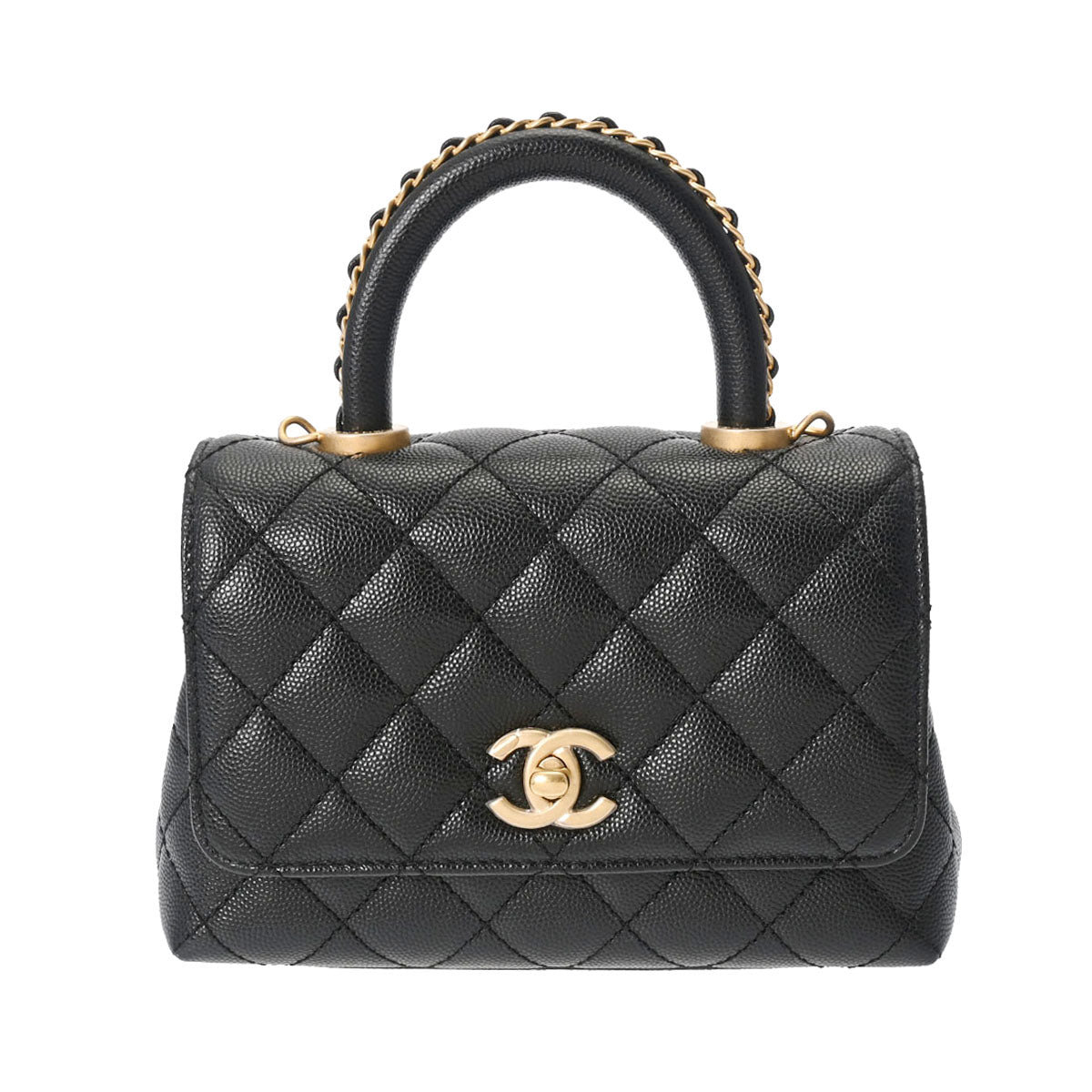 CHANEL シャネル マトラッセ トップハンドル XXS 2WAYチェーンショルダー 黒 ゴールド金具 AS2215 レディース キャビアスキン ハンドバッグ 新同 中古 