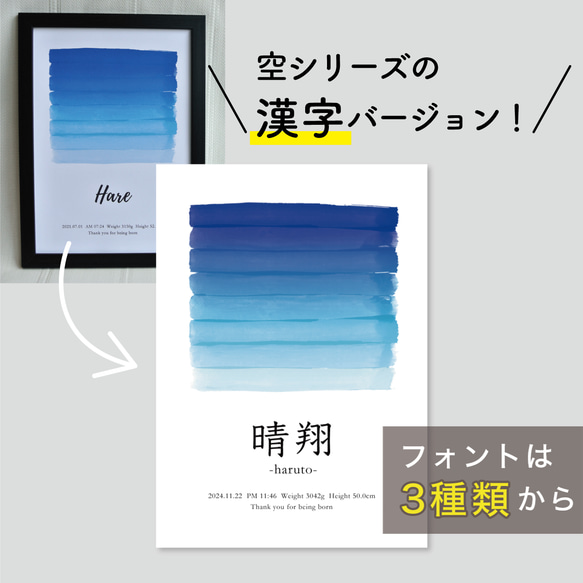 漢字表記◆命名書◆出生時間の空/晴れ ///  ベビーポスター 出産祝い 誕生日 プレゼント 水彩 夜空