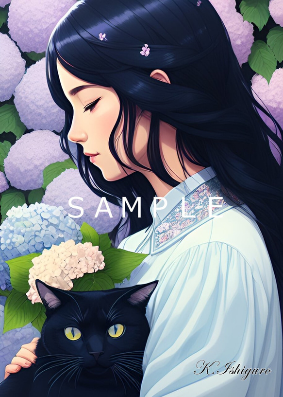 猫と女性と紫陽花(イラスト)A4額付き　№s-1785