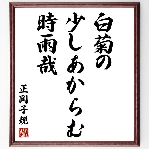 正岡子規の俳句「白菊の、少しあからむ、時雨哉」額付き書道色紙／受注後直筆（Z9443）