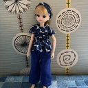 064 リカちゃん ブライス　ハンドメイド  服　リバティ　ひまわり柄　フリルブラウス　麻パンツ　ヘアバンド付き