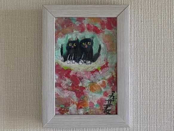 絵画。原画手描き【花の秘境で楽しく暮らす二匹の黒猫カップル】