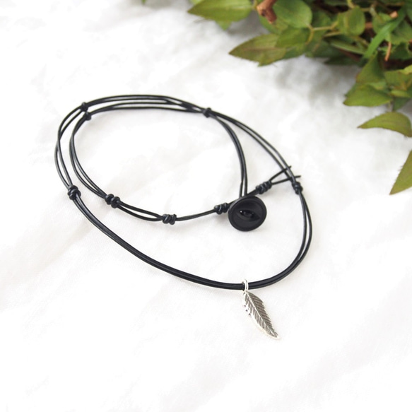 Black Leather Pendant（Silver-Feather）