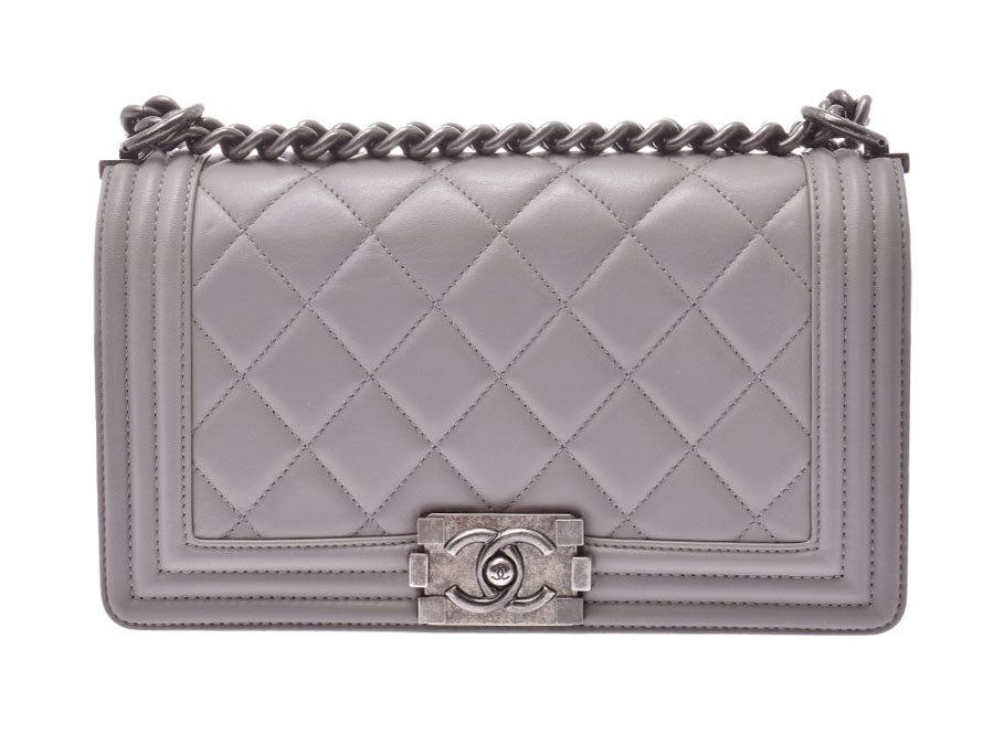 シャネル ボーイシャネル チェーンショルダーバッグ グレー SV金具 レディース ラムスキン ABランク CHANEL ギャラ 中古 