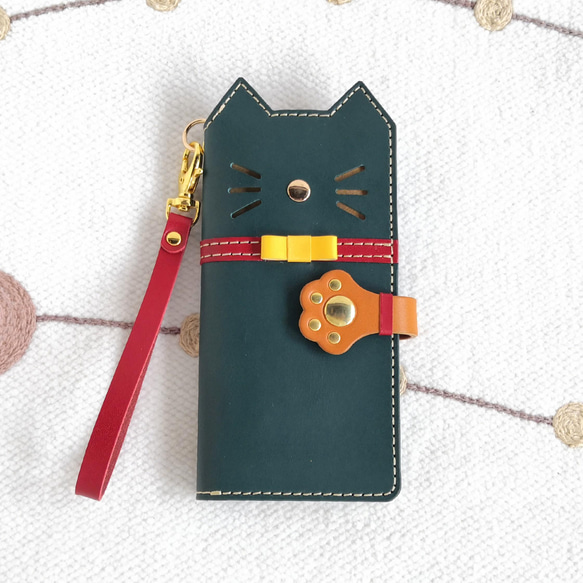 ＊leather sumyaho case＊手帳型 リボン付き 猫のレザースマホケース＊青緑／全機種