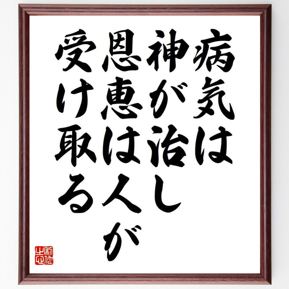 ヒポクラテスの名言「病気は神が治し、恩恵は人が受け取る」額付き書道色紙／受注後直筆（V6142）