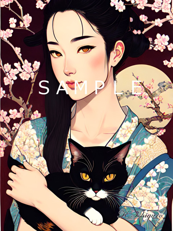 猫と女性と桜(オリジナルイラスト)A4額付き　№s-4447