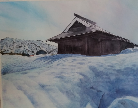 絵画　水彩画　風景画　画題「雪に埋もれし祠」