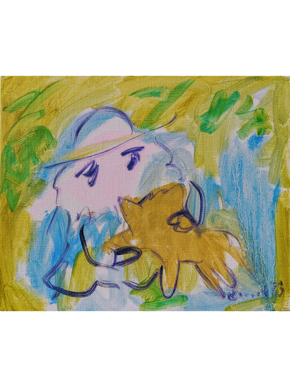 【ピクニック】F3 絵画 原画 油絵 油彩 キャンバス 絵本 犬 猫 イヌ ネコ 女の子 春 ほのぼの ほっこり 沖縄