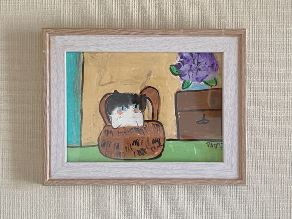 絵画。原画手描【部屋の中のきれいな紫陽花とかごの中のかわいい猫ちゃん】