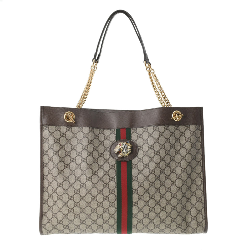 GUCCI グッチ ダイガーヘッド ラジャ チェーントート ブラウン ゴールド金具 537219 メンズ GGスプリームキャンバス レザー トートバッグ 未使用 