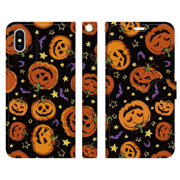 手帳型 スマホケース iPhone 各種対応 ハロウィン かぼちゃ柄 ブラック