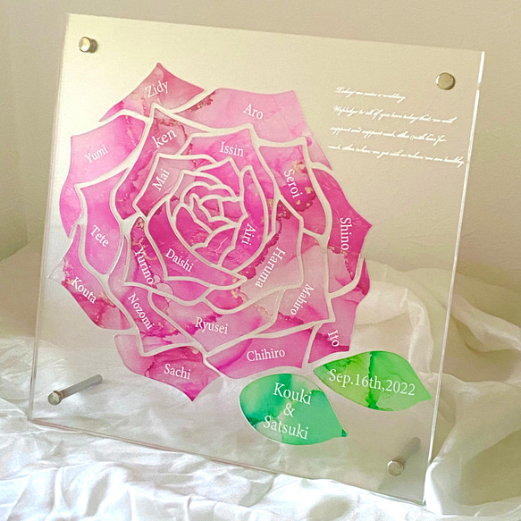 ウェルカムボード　ゲスト参加型結婚証明書　pinkrose green leaf