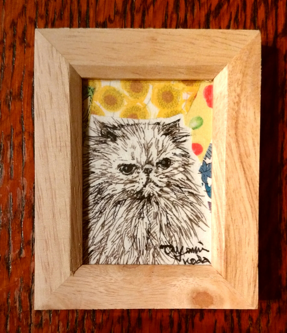 冬の新作『Persian cat』和紙ペン画にリバティプリントファブリックのコラージュ原画