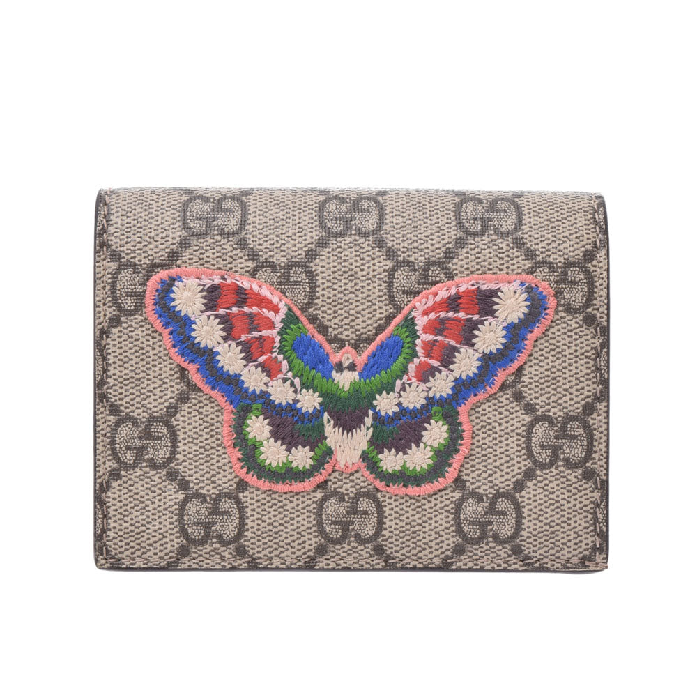 GUCCI グッチ GGスプリーム コンパクトウォレット 日本限定 バタフライ刺繍 グレージュ系 456867 ユニセックス PVC/レザー 二つ折り財布 Aランク 中古 