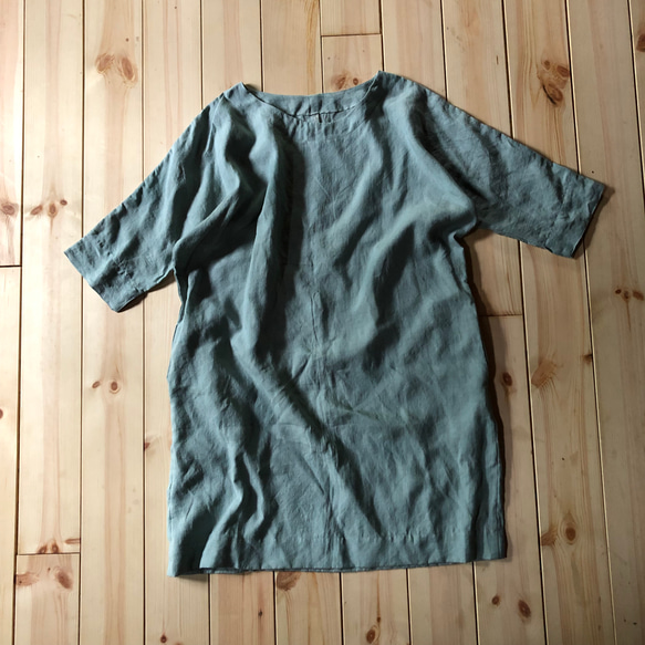 先染めリネン　ドルマンスリーブワンピース＊lithuanian linen /グレイッシュグリーン