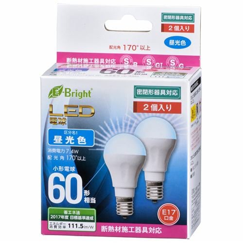 オーム電機 LDA7D-H-E17IH212P LED電球 小形 60形相当 E17 昼光色 2個入