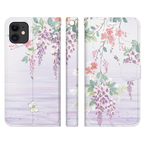 手帳型 iPhone/アンドロイド 各種対応 藤 藤の花モチーフ スマホケース カード入れ付