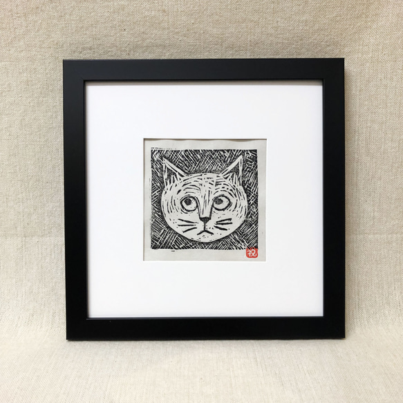 ねこ顔-6　手摺り木版画