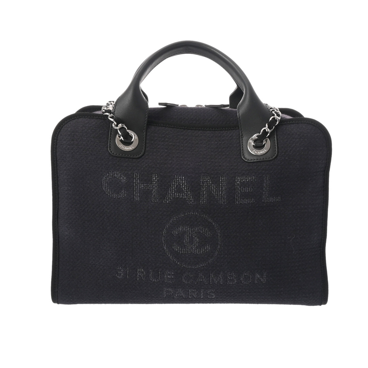 CHANEL シャネル ドーヴィル ボーリングバッグ 2WAY チェーンショルダー ネイビー - レディース キャンバス/レザー ハンドバッグ Aランク 中古 