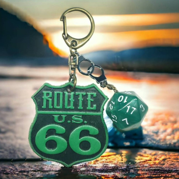 ROUTE66 ヌメ革 ダイス キーホルダー アンティーク　グリーン