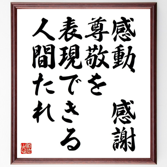 名言「感動、感謝、尊敬を表現できる人間たれ」額付き書道色紙／受注後直筆（V6058）