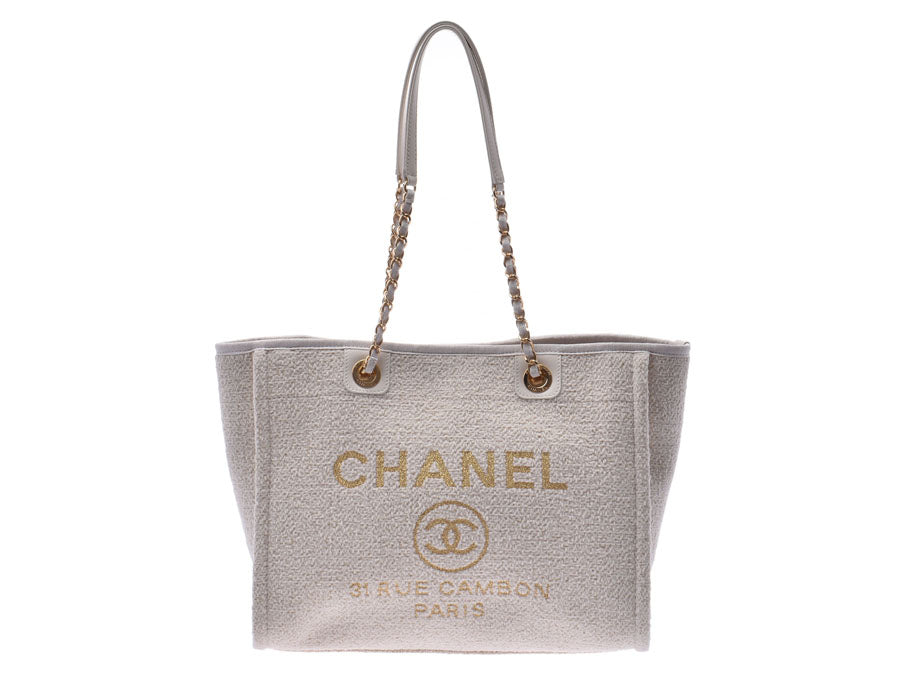 シャネル ドーヴィル 白 ラメ レディース ツイード チェーントートバッグ 新同 美品 CHANEL ギャラ 中古 