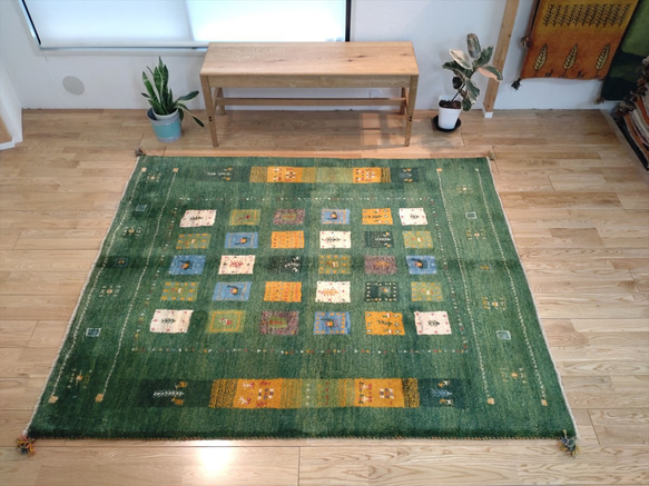 新規入荷】ペルシャ　ギャッベ　リビング　188x156cm　パネル　緑色