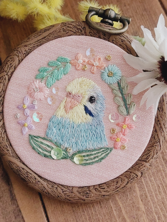 【受注生産】『インコ刺繍‎ 草花とインコの刺繍フレーム』