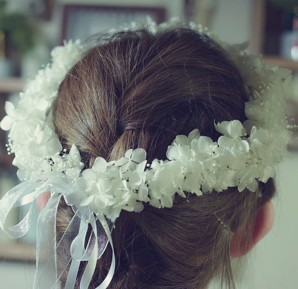 一番人気☆紫陽花とかすみ草の花冠☆ホワイト