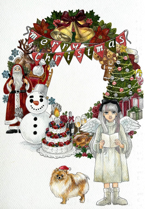 特別提供品！水彩画原画【クリスマスのリース】A4サイズ