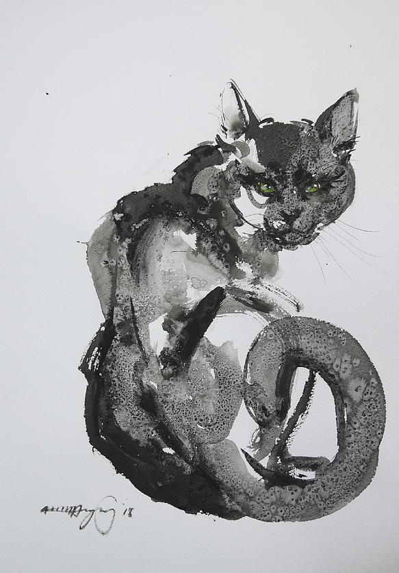 振り向く黒い猫（墨絵、水彩画用紙２４，５ｃｍ×３５ｃｍ）