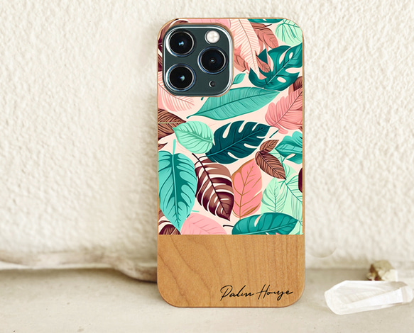 天然木♡名入れ♪PINK GREEN LEAF WOOD iPhoneケース ピンク＆グリーン トロピカル リーフ