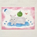 ????透明水彩画「カバくんの夏」 イラストポストカード 2枚セット 夏　暑中見舞い　残暑見舞い　かば　スイカ　鳥　小鳥　父の日　母の日　ほっこり　癒し