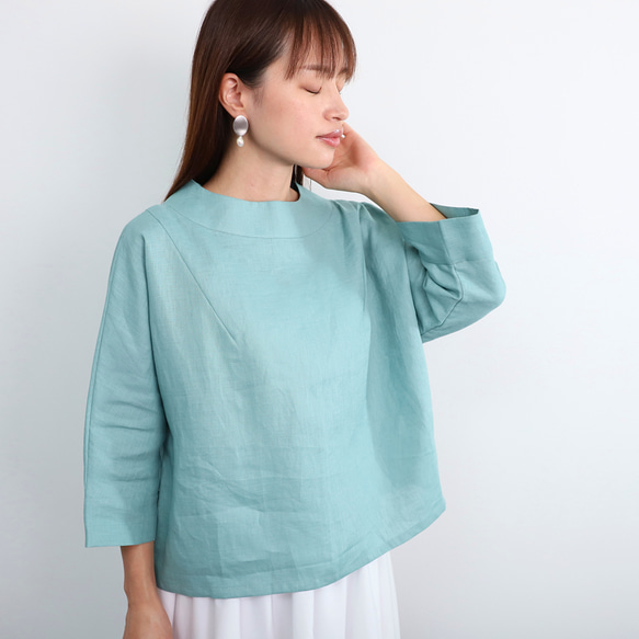 【SALE！！】上品♪ボトルネックリネンブラウス＜７部袖＞ 2サイズ　ミント　0624Mint