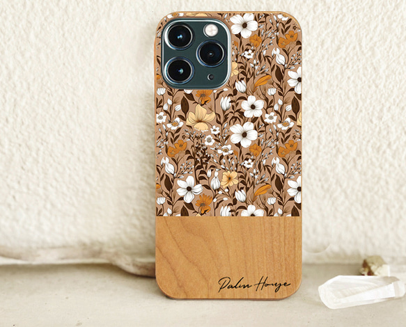 天然木♡名入れ♪BEIGE WILD FLOWER  WOOD iPhoneケース 花柄 ベージュ