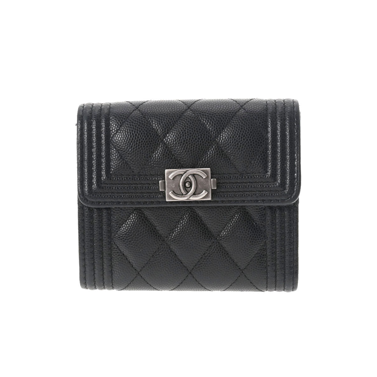 CHANEL シャネル ボーイシャネル コンパクトウォレット 黒 シルバー金具 レディース レザー 三つ折り財布 Aランク 中古 