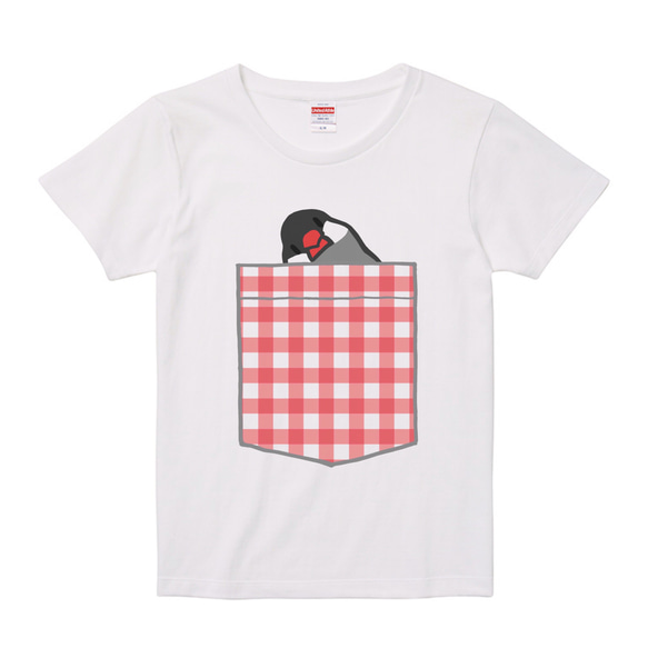 レディース文鳥Tシャツ  「デカポケット風ひょっこり文鳥」赤チェック 【受注生産】